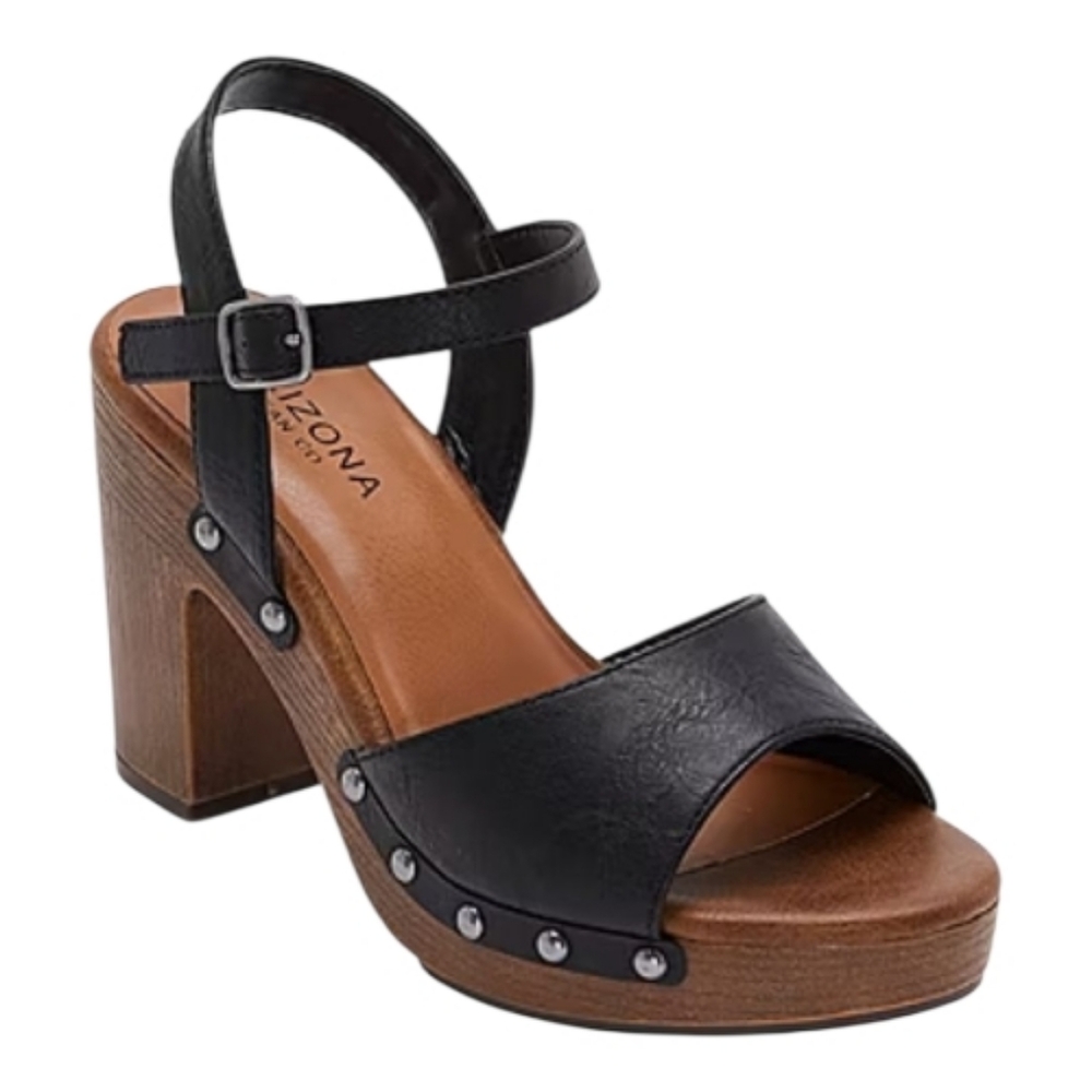 Arizona Women's Size 9 Sandals Heather Black Studded Woodgrain Heeled Shoes